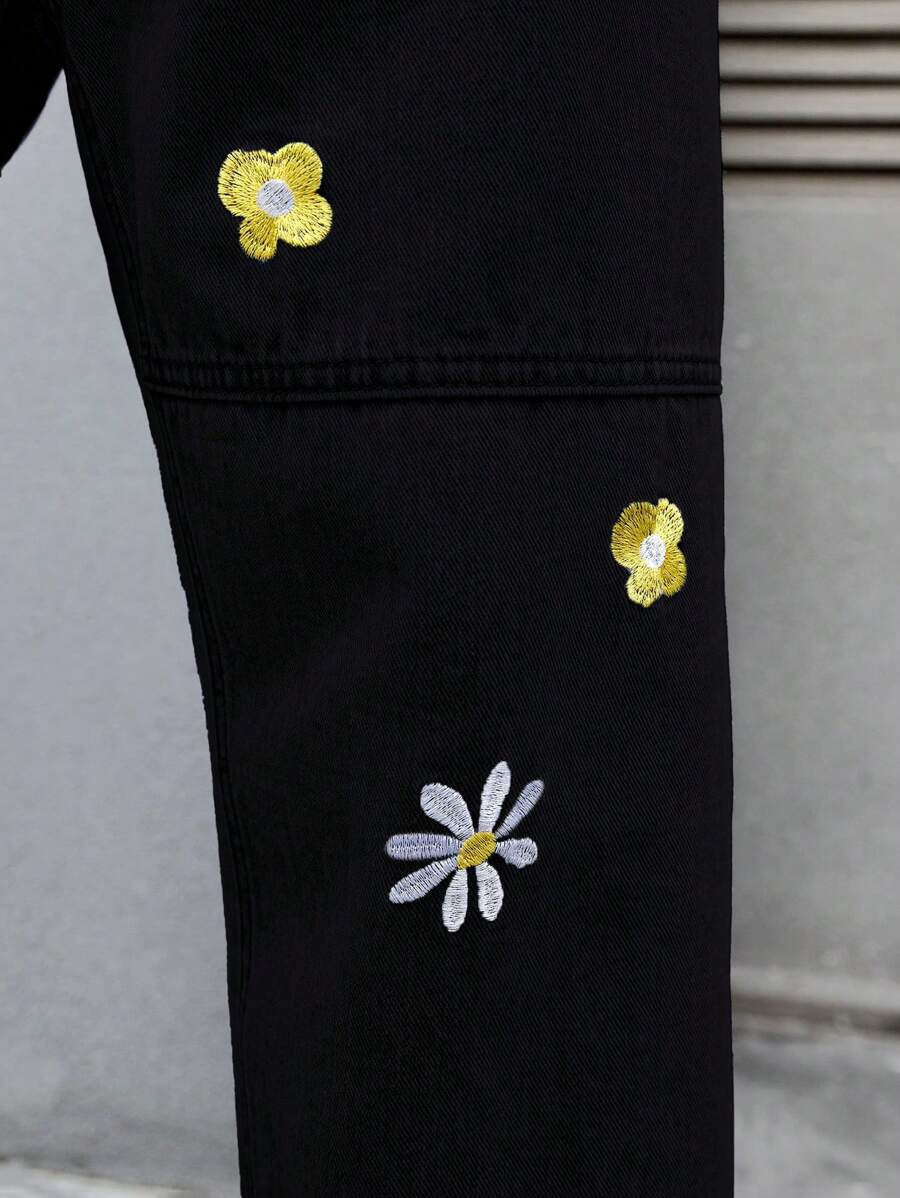 Manfinity Hypemode Loose Fit Men's Straight Leg Jeans With Floral Embroidery-3