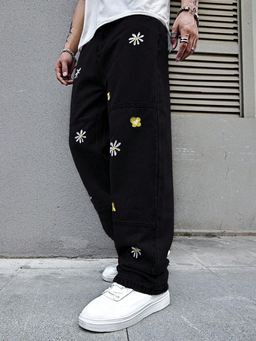 Manfinity Hypemode Loose Fit Men's Straight Leg Jeans With Floral Embroidery-4