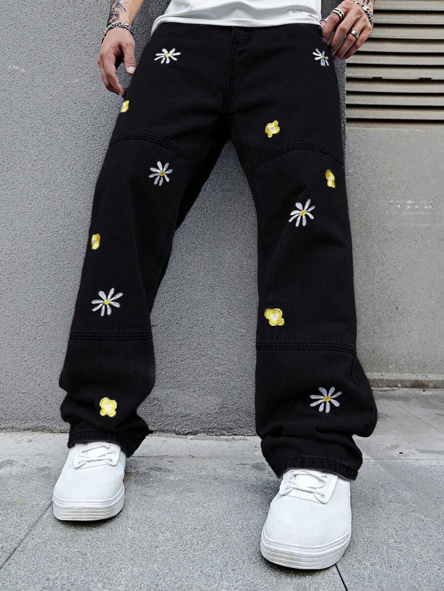 Manfinity Hypemode Loose Fit Men's Straight Leg Jeans With Floral Embroidery-5
