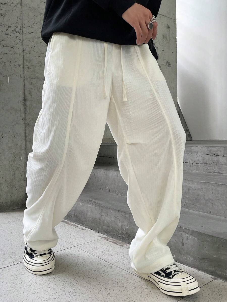 Manfinity Hypemode Solid Color Drawstring Pocket Casual Wide Leg Pants-4