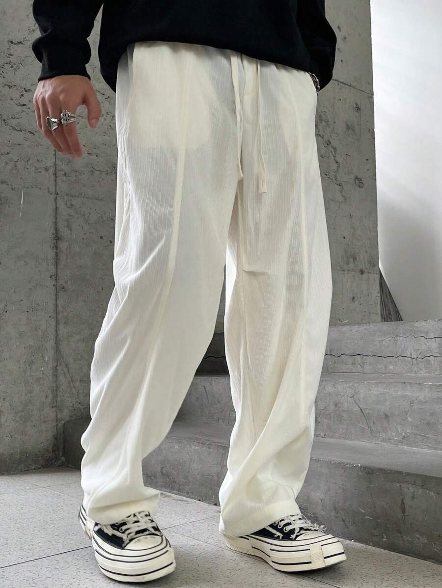 Manfinity Hypemode Solid Color Drawstring Pocket Casual Wide Leg Pants-5