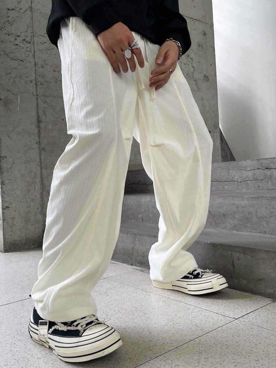 Manfinity Hypemode Solid Color Drawstring Pocket Casual Wide Leg Pants-6