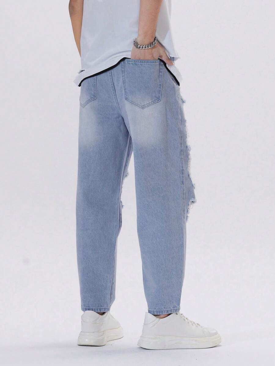 Manfinity Loose Fit Men's Distressed, Frayed, And Tapered Jeans-2