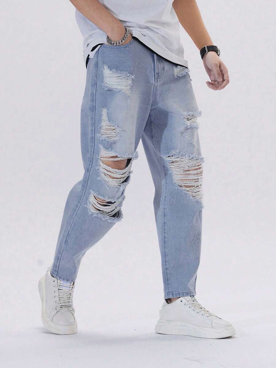 Manfinity Loose Fit Men's Distressed, Frayed, And Tapered Jeans-3