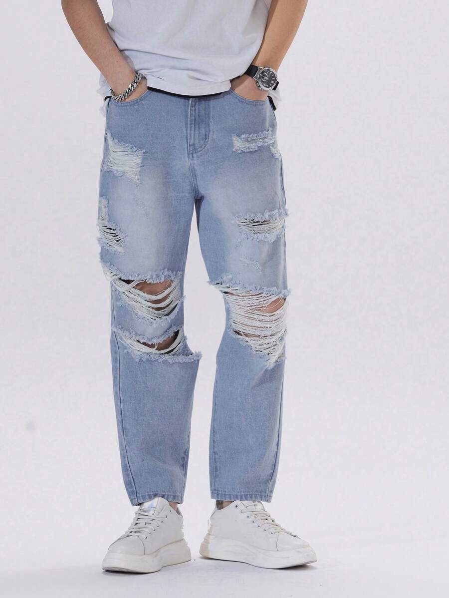 Manfinity Loose Fit Men's Distressed, Frayed, And Tapered Jeans-5