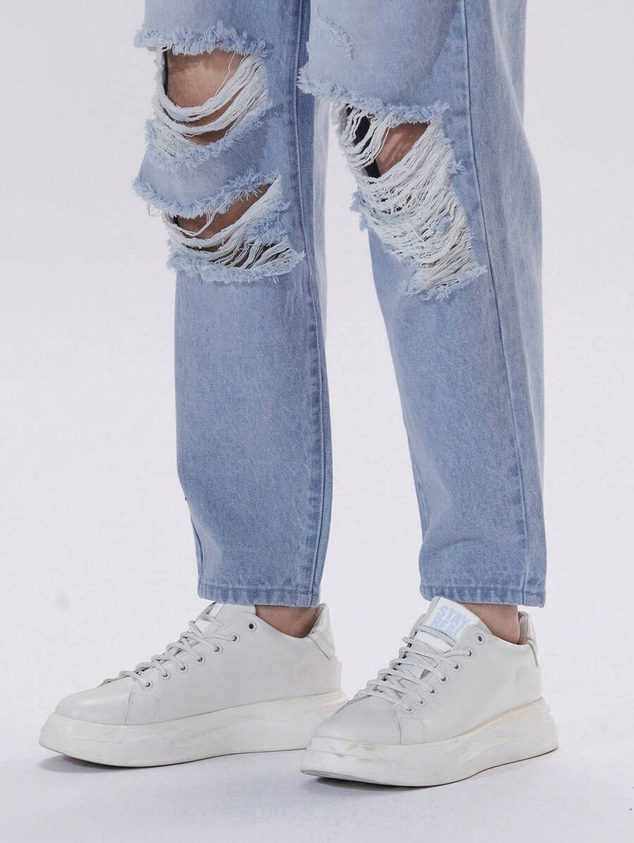 Manfinity Loose Fit Men's Distressed, Frayed, And Tapered Jeans-6