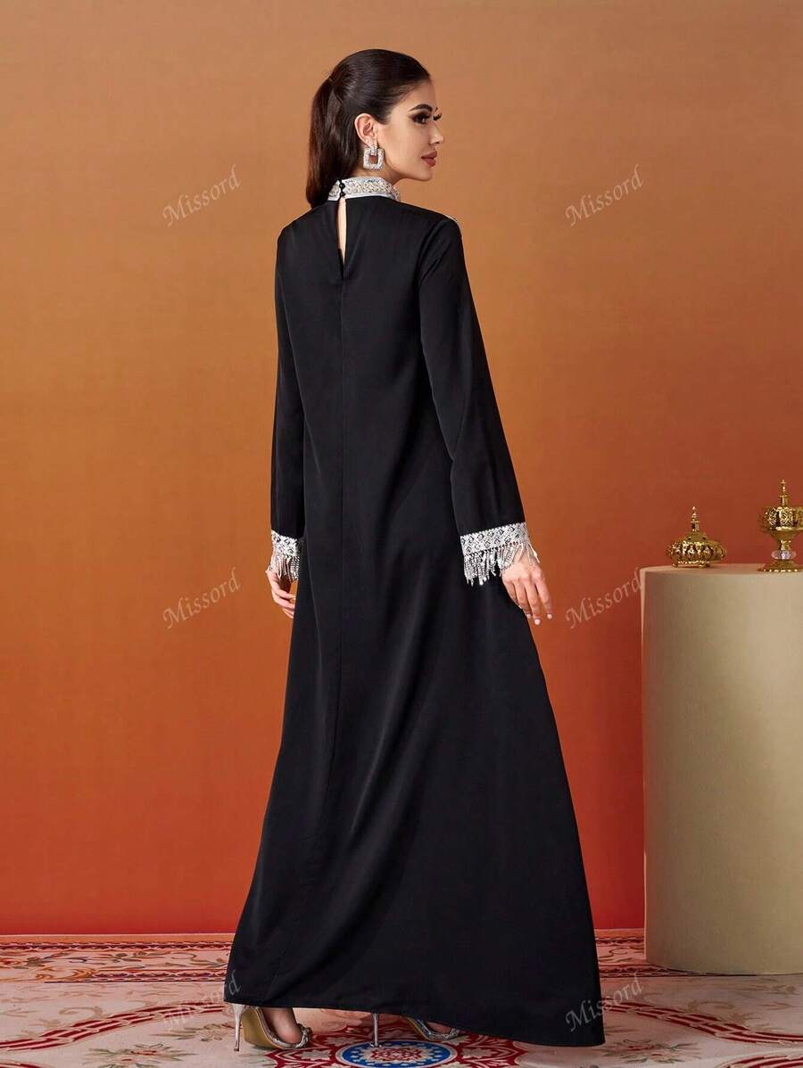 Missord Women's Patchwork Fringe Trim Long Sleeve Loose Elegant Formal Maxi Dress-2