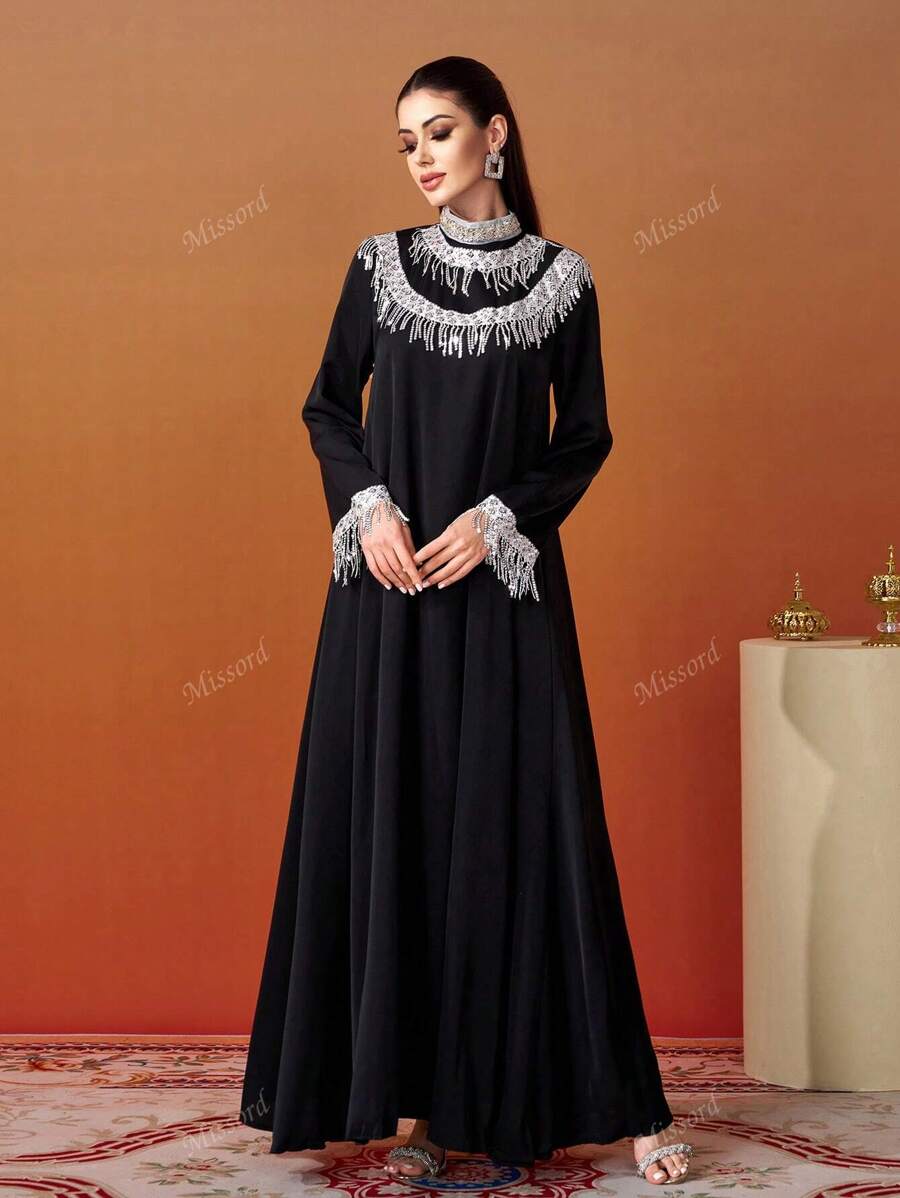 Missord Women's Patchwork Fringe Trim Long Sleeve Loose Elegant Formal Maxi Dress-3