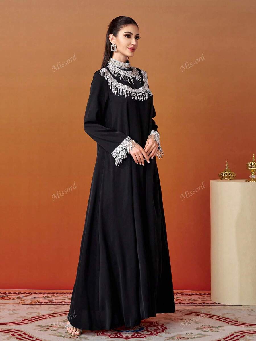 Missord Women's Patchwork Fringe Trim Long Sleeve Loose Elegant Formal Maxi Dress-4