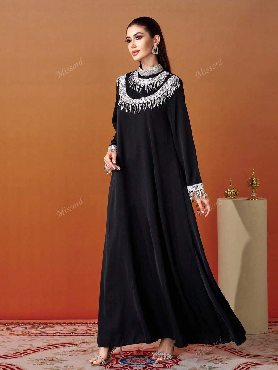 Missord Women's Patchwork Fringe Trim Long Sleeve Loose Elegant Formal Maxi Dress-5