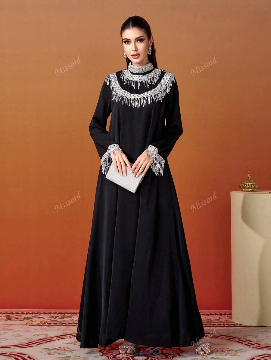 Missord Women's Patchwork Fringe Trim Long Sleeve Loose Elegant Formal Maxi Dress-6