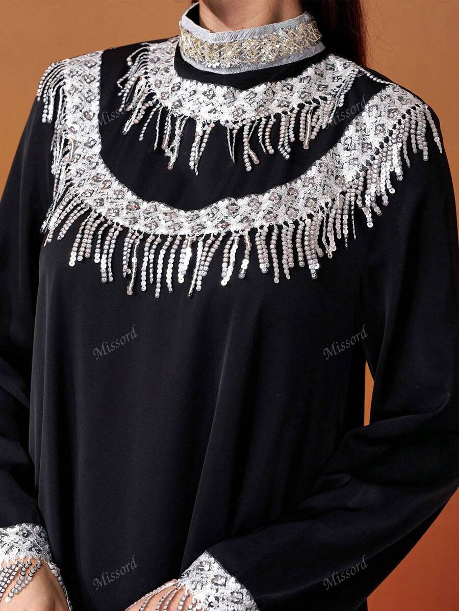 Missord Women's Patchwork Fringe Trim Long Sleeve Loose Elegant Formal Maxi Dress-7