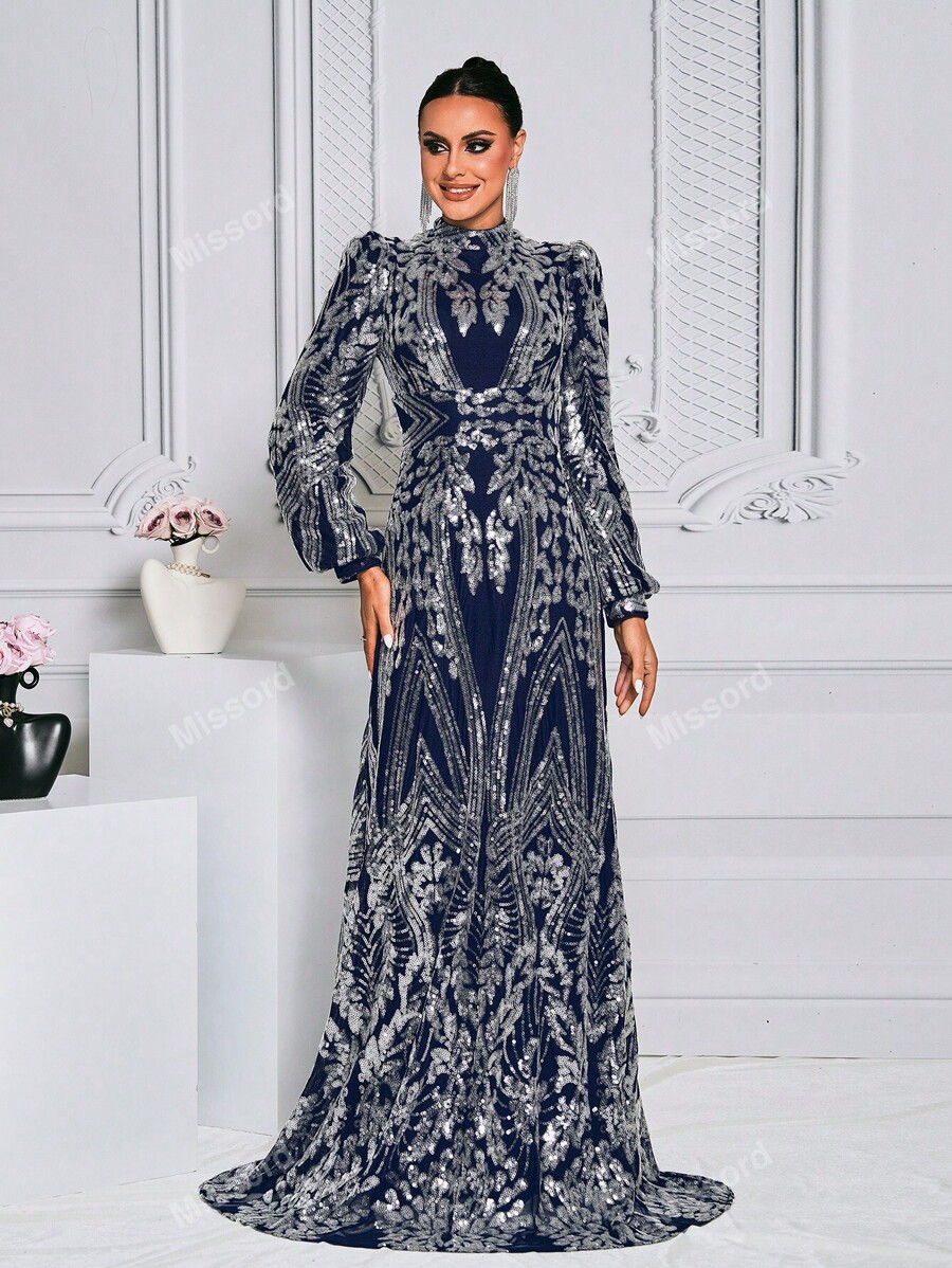 Missord Women's Stand Collar Lantern Sleeve Sequin Gorgeous -3