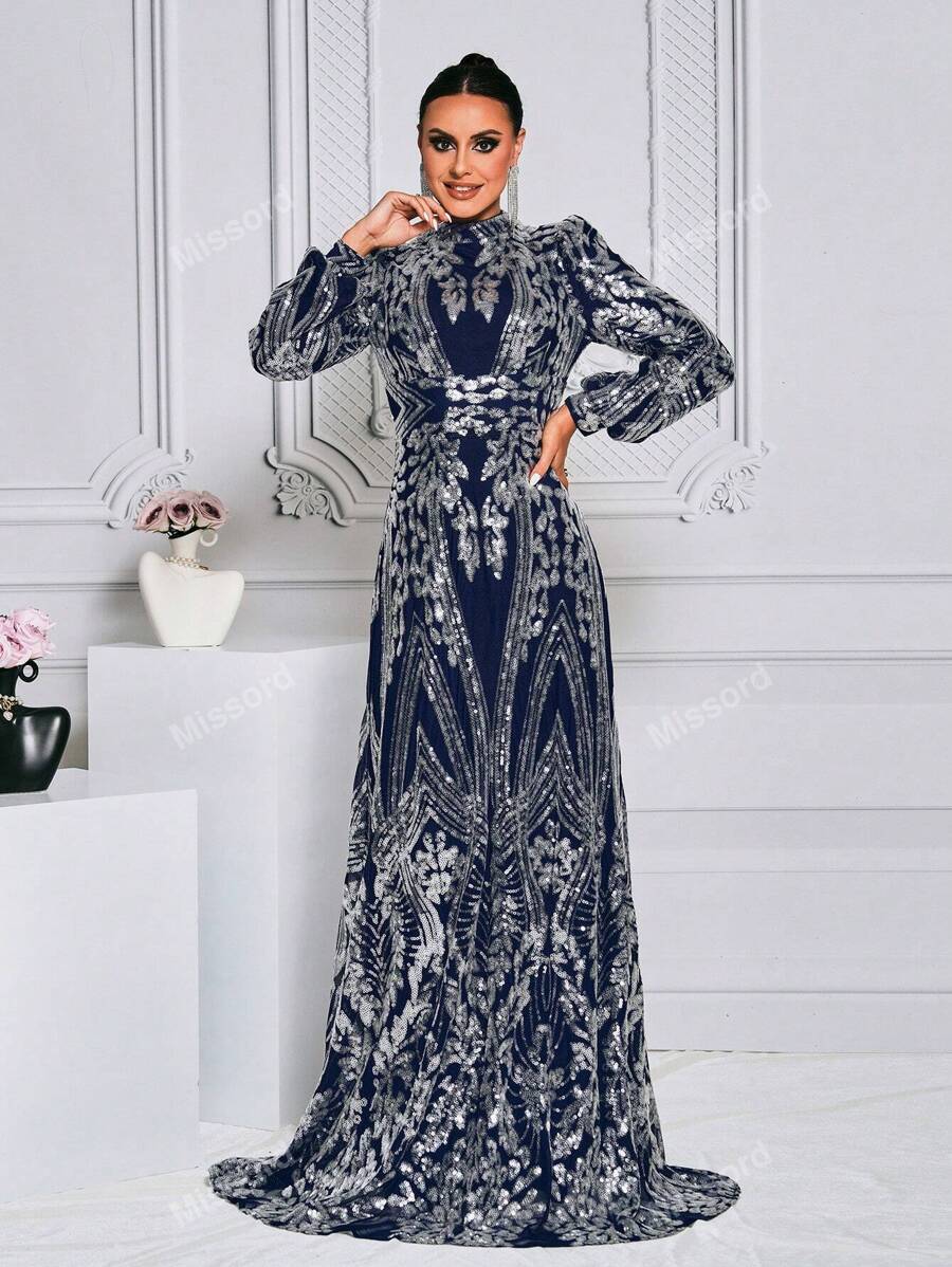 Missord Women's Stand Collar Lantern Sleeve Sequin Gorgeous -4