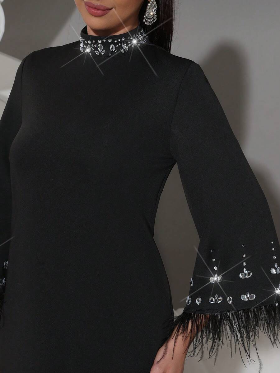 Modphy 2025 New Elegant High Neck Rhinestone & Faux Feather Flare -9