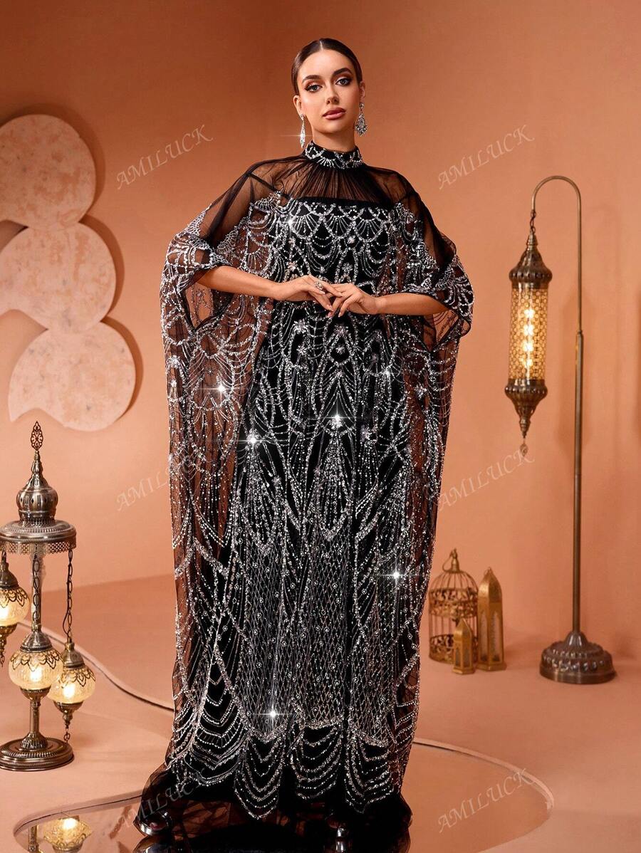 New High-End Fashion Glamorous Women Sparkly Maxi Turkish Party Kaftan-2