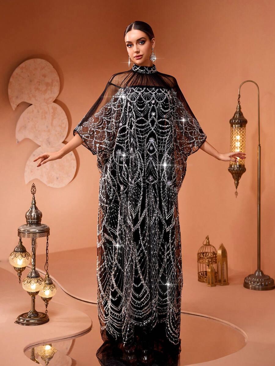 New High-End Fashion Glamorous Women Sparkly Maxi Turkish Party Kaftan-3