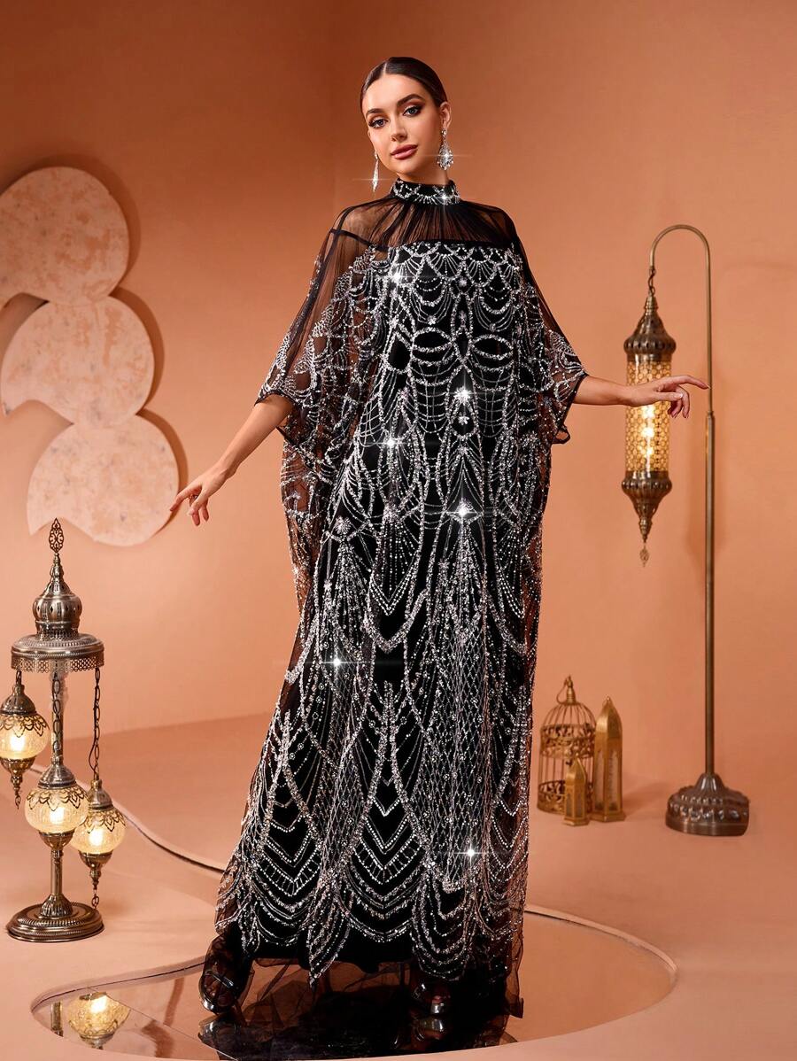 New High-End Fashion Glamorous Women Sparkly Maxi Turkish Party Kaftan-4