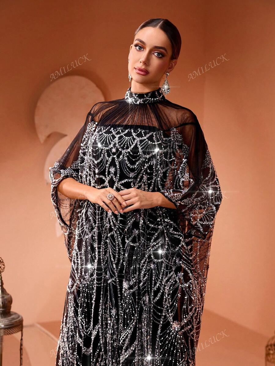 New High-End Fashion Glamorous Women Sparkly Maxi Turkish Party Kaftan-5