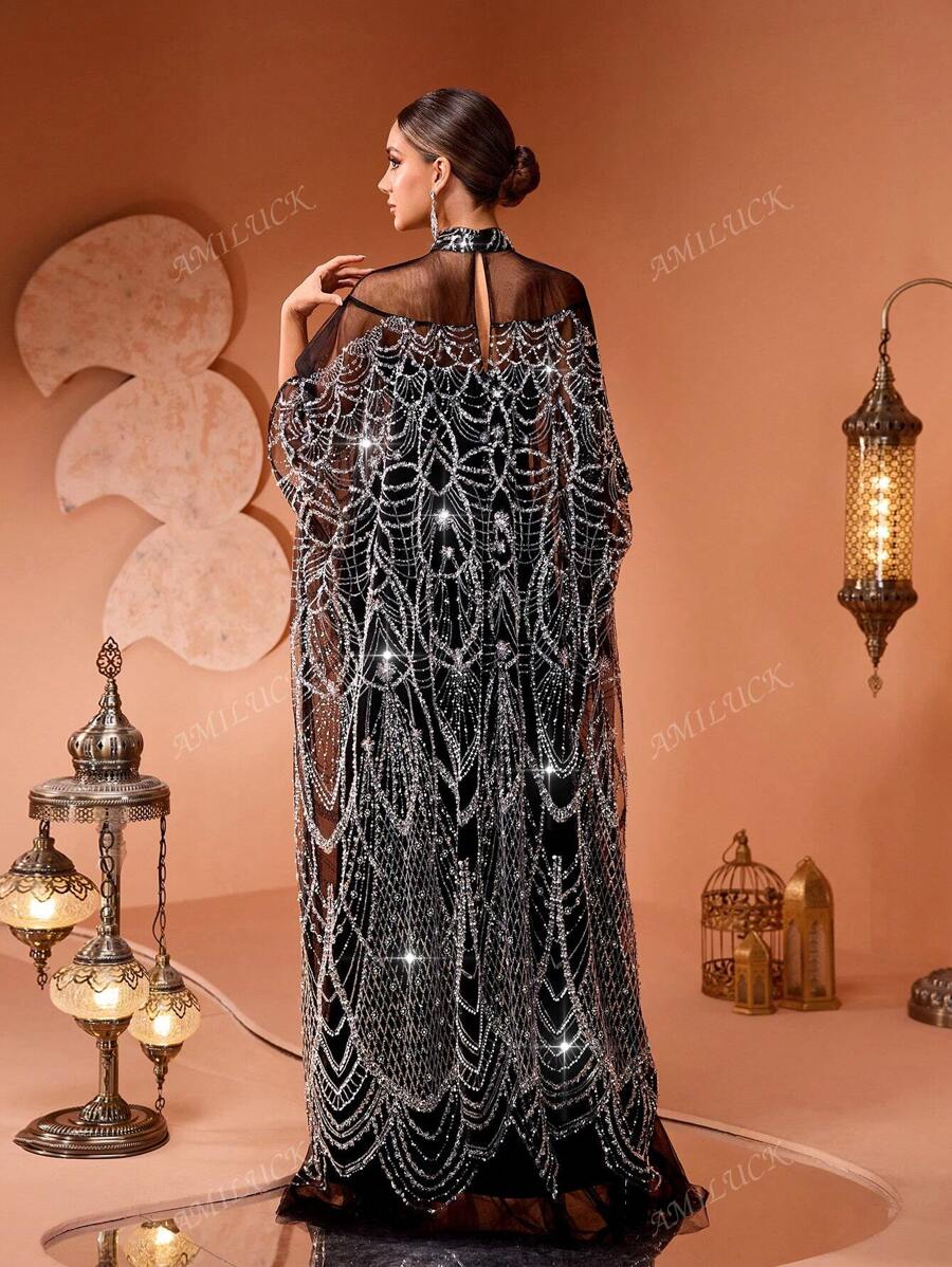 New High-End Fashion Glamorous Women Sparkly Maxi Turkish Party Kaftan-6
