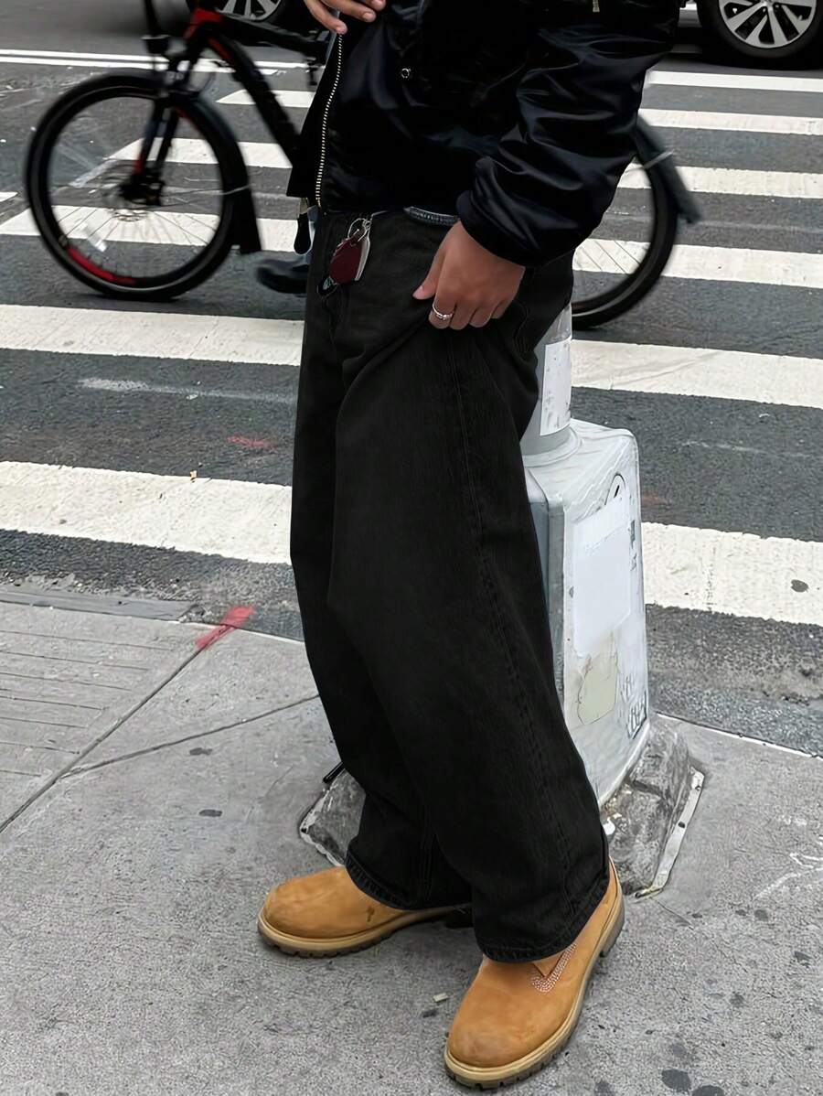 Straight Leg Cotton Washed Jeans, Personality Versatile-2