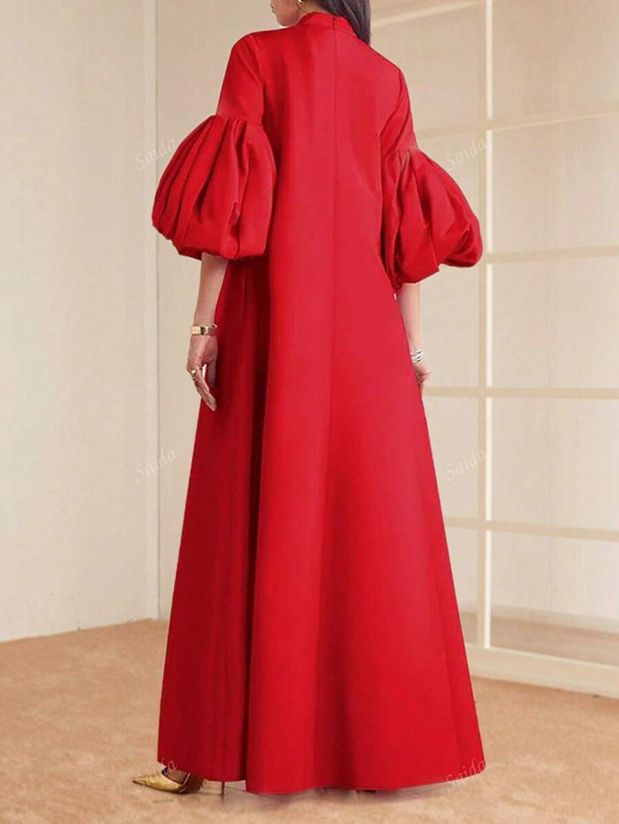 Women's Stand Collar Solid Color Lantern Sleeve Elegant Maxi Dress-2