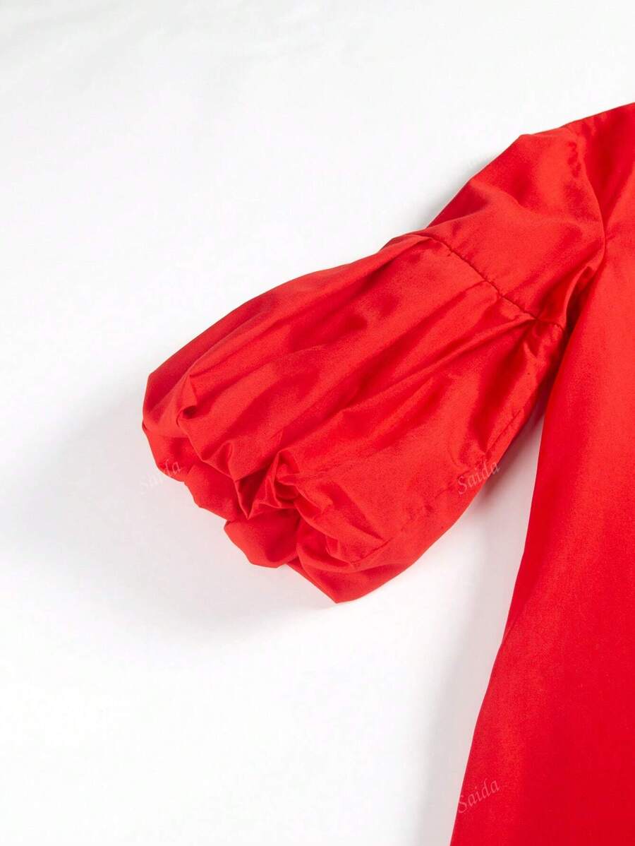 Women's Stand Collar Solid Color Lantern Sleeve Elegant Maxi Dress-3