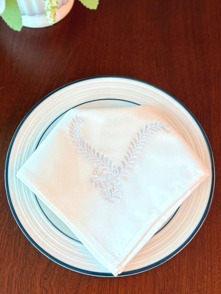 100% Cotton Kitchen Napkins, Elegant Embroidered Leaf Design-5