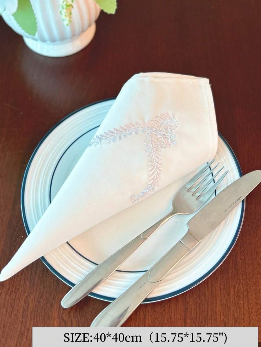 100% Cotton Kitchen Napkins, Elegant Embroidered Leaf Design-6