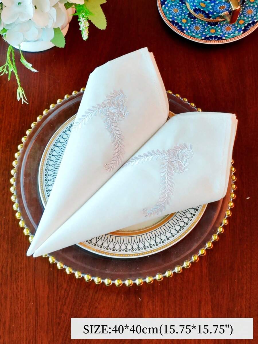 100% Cotton Kitchen Napkins, Elegant Embroidered Leaf Design-7