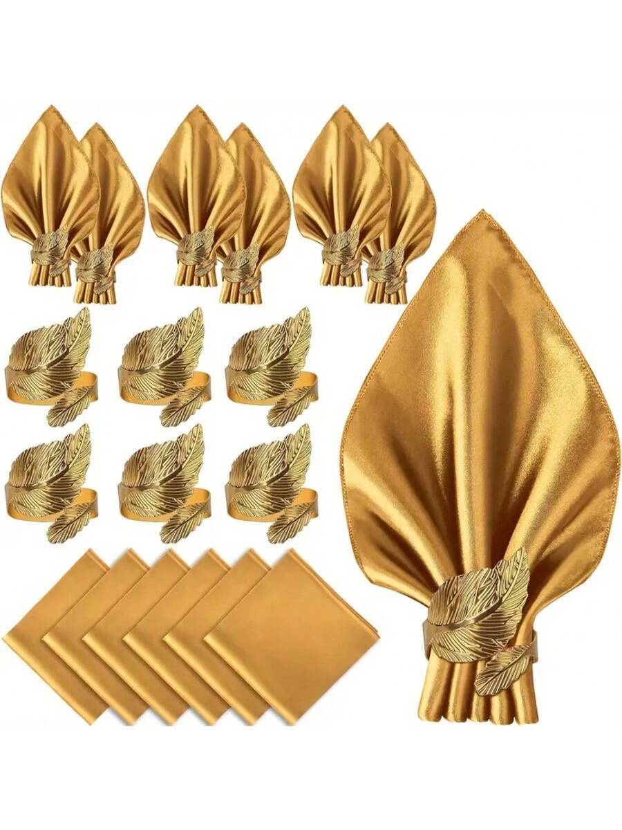 12-Piece Set 6 Gold Napkin Rings & 6 Square Satin-9