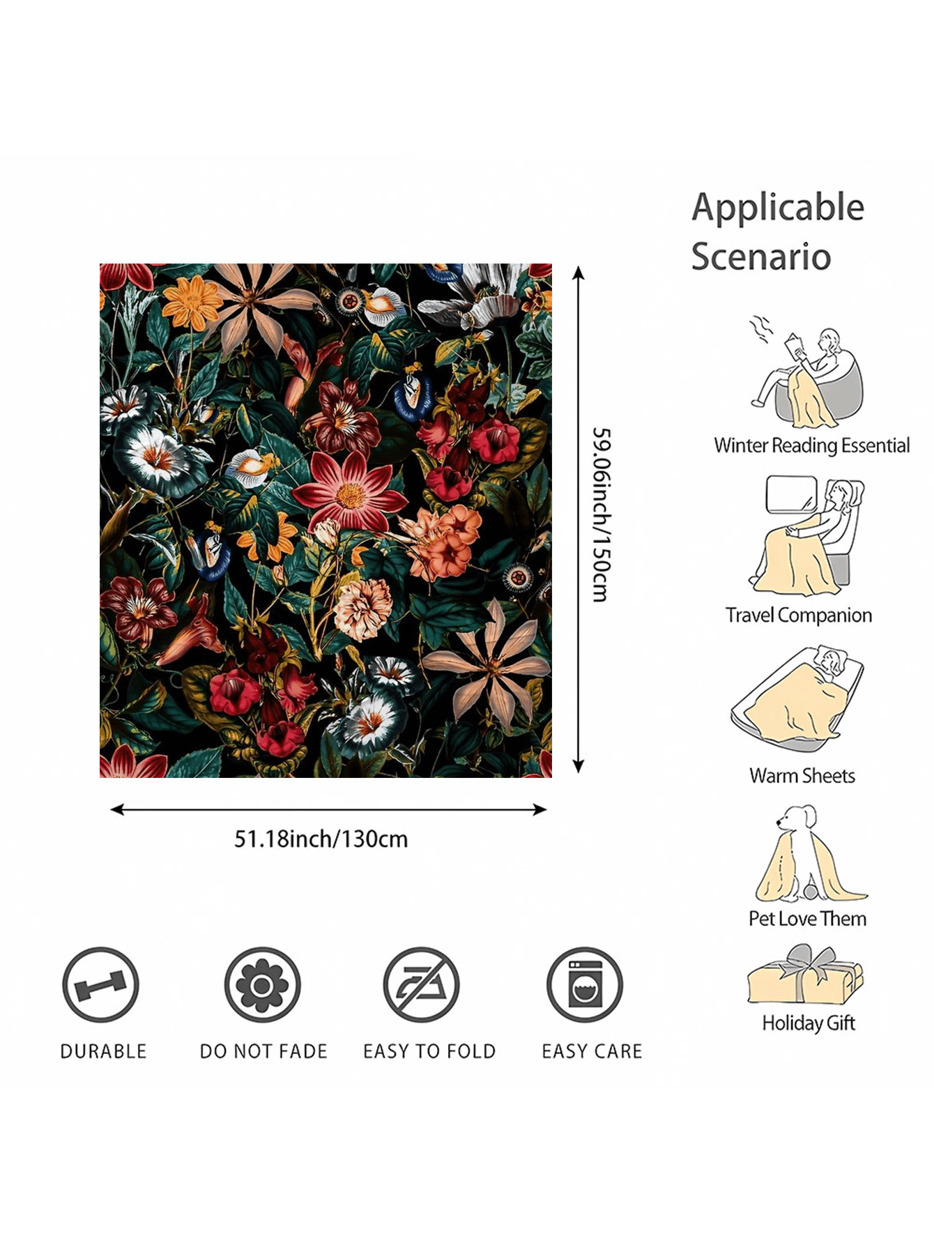 1PC Retro Floral Flannel Blanket, Soft Warm Throw Blanket Nap Blanket-8