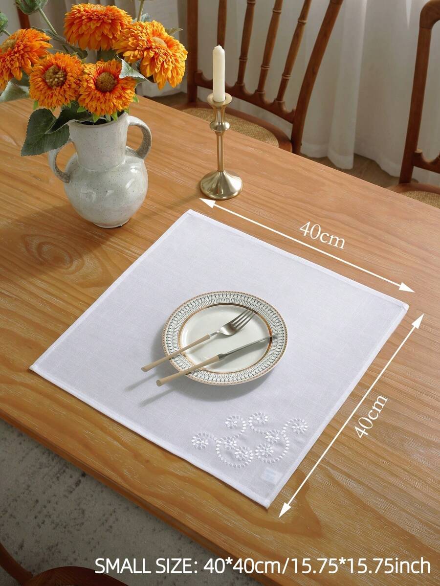 1pc Floral Embroidered Cloth Napkin, White Polyester Table Napkin For Home Party Dining-2