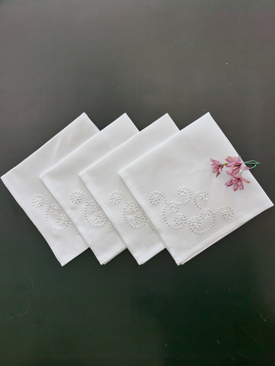 1pc Floral Embroidered Cloth Napkin, White Polyester Table Napkin For Home Party Dining-3