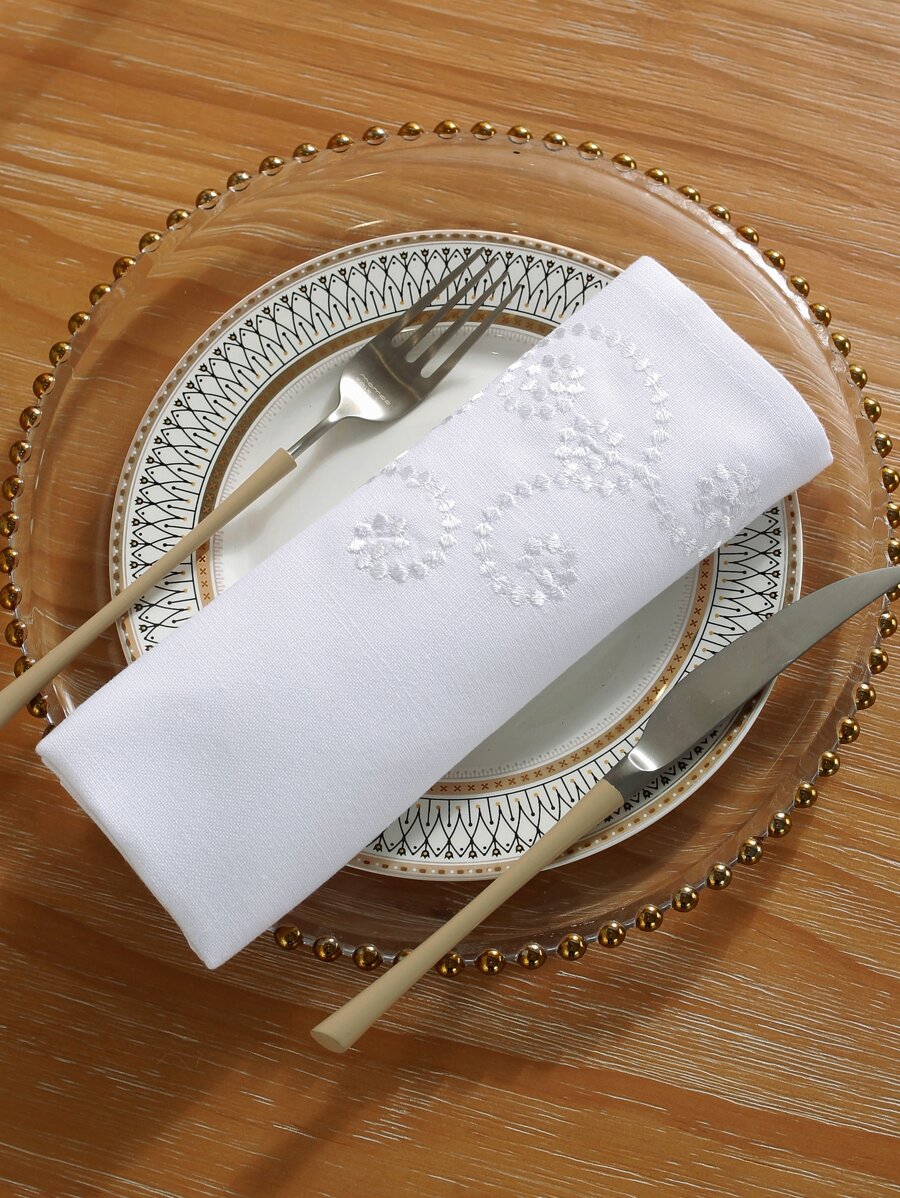 1pc Floral Embroidered Cloth Napkin, White Polyester Table Napkin For Home Party Dining-4