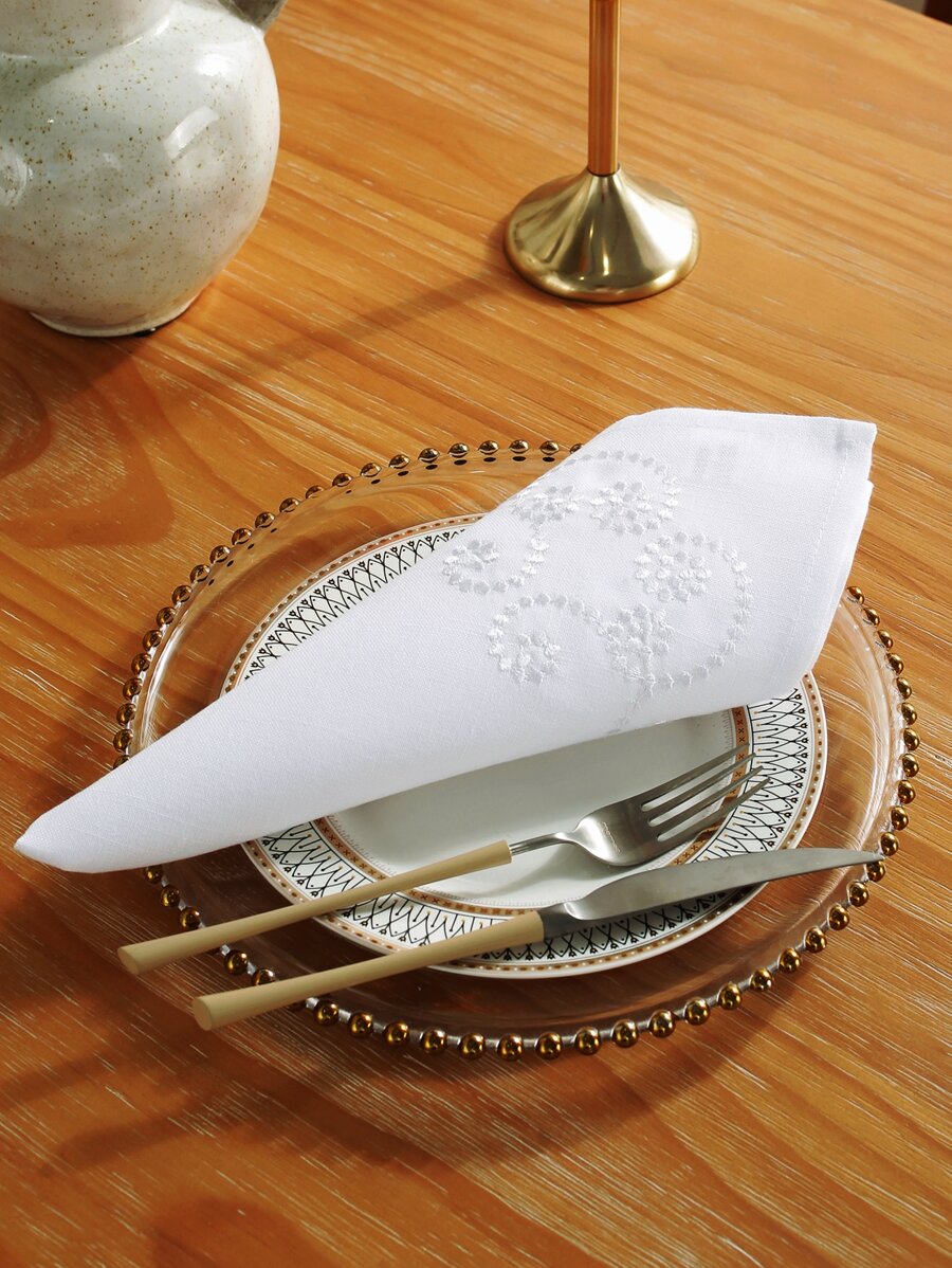 1pc Floral Embroidered Cloth Napkin, White Polyester Table Napkin For Home Party Dining-5