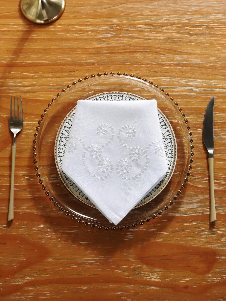 1pc Floral Embroidered Cloth Napkin, White Polyester Table Napkin For Home Party Dining-6