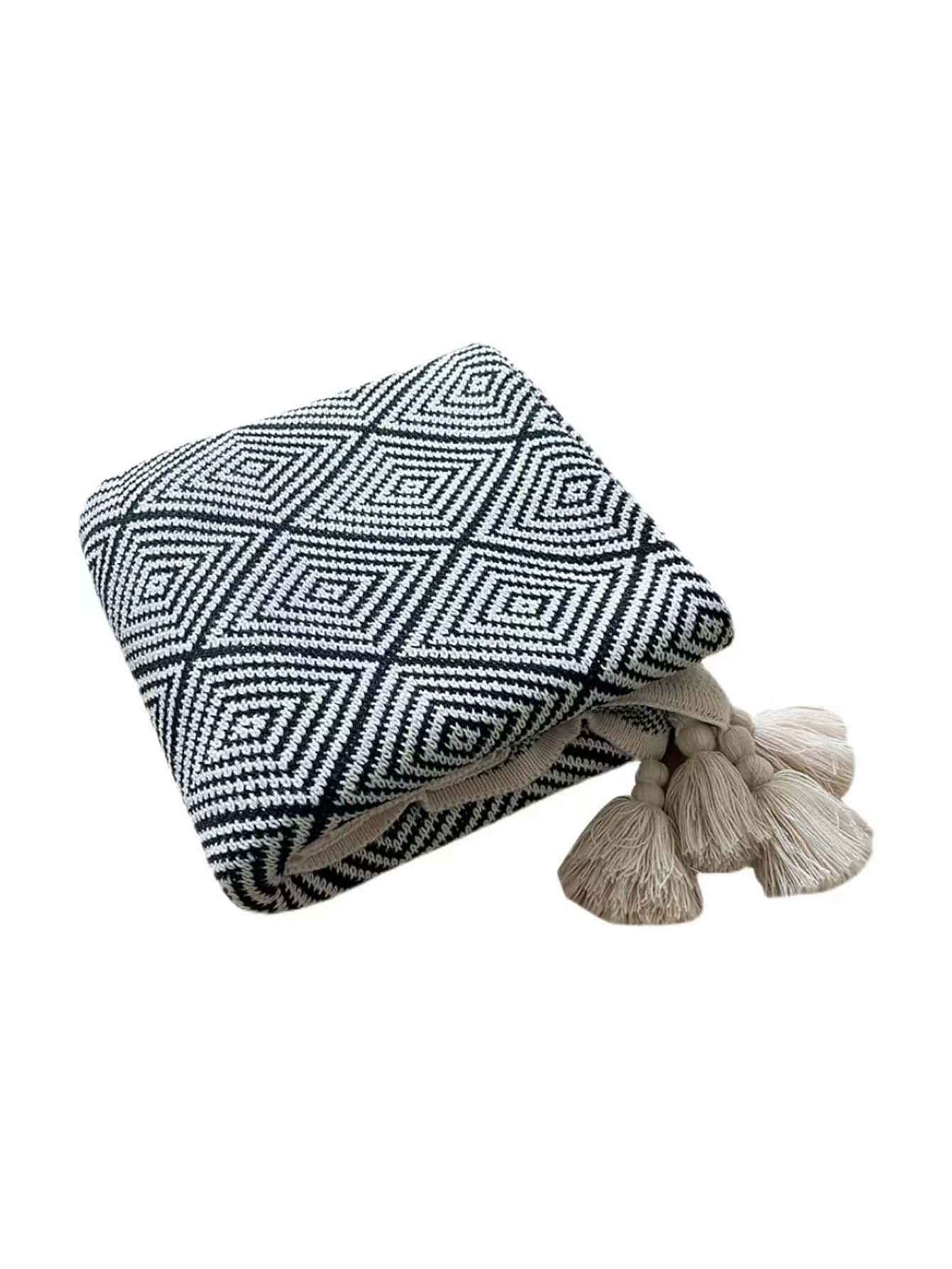 1pc Geometric Pattern Tassel Decor Blanket-3