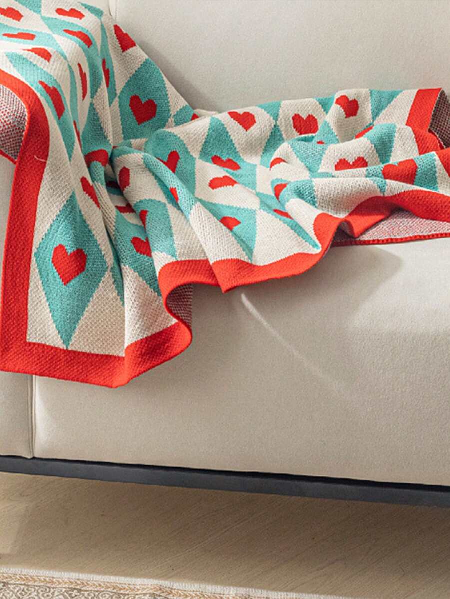 1pc Heart Pattern Knit Blanket, Nordic Style Acrylic Rectangle Soft Blanket-3