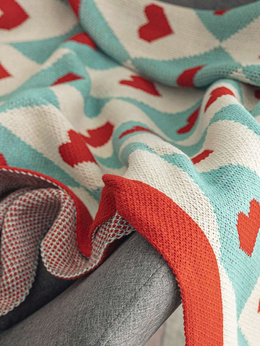 1pc Heart Pattern Knit Blanket, Nordic Style Acrylic Rectangle Soft Blanket-4
