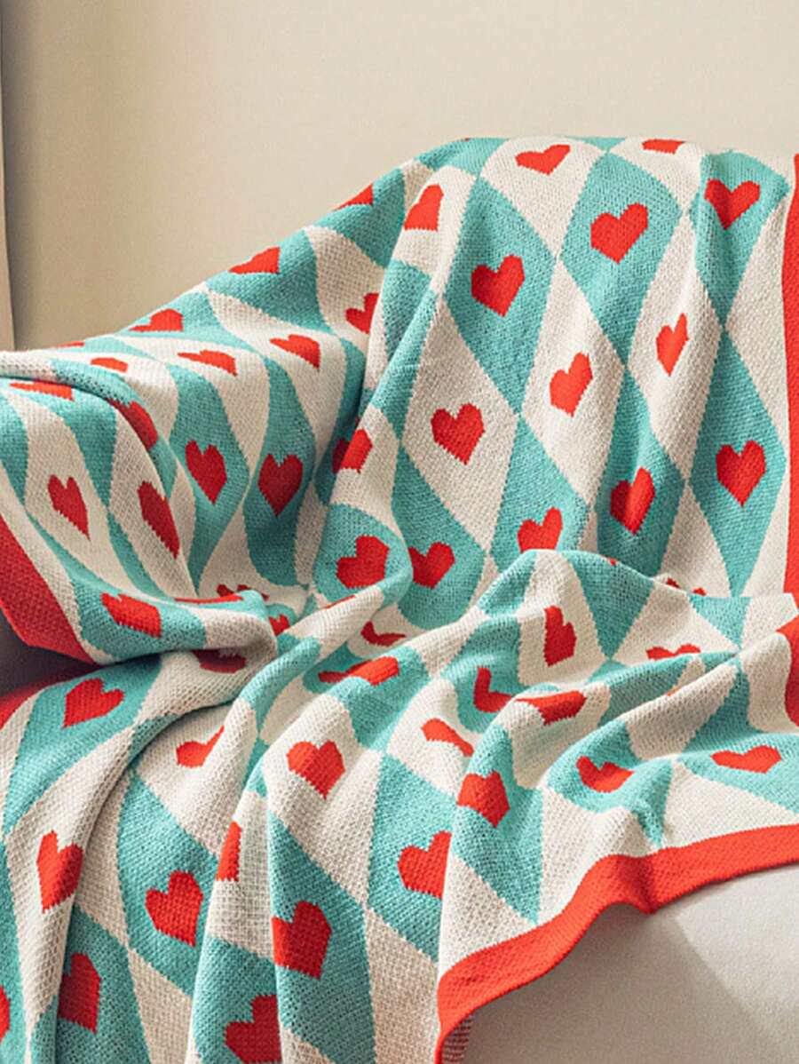1pc Heart Pattern Knit Blanket, Nordic Style Acrylic Rectangle Soft Blanket-5