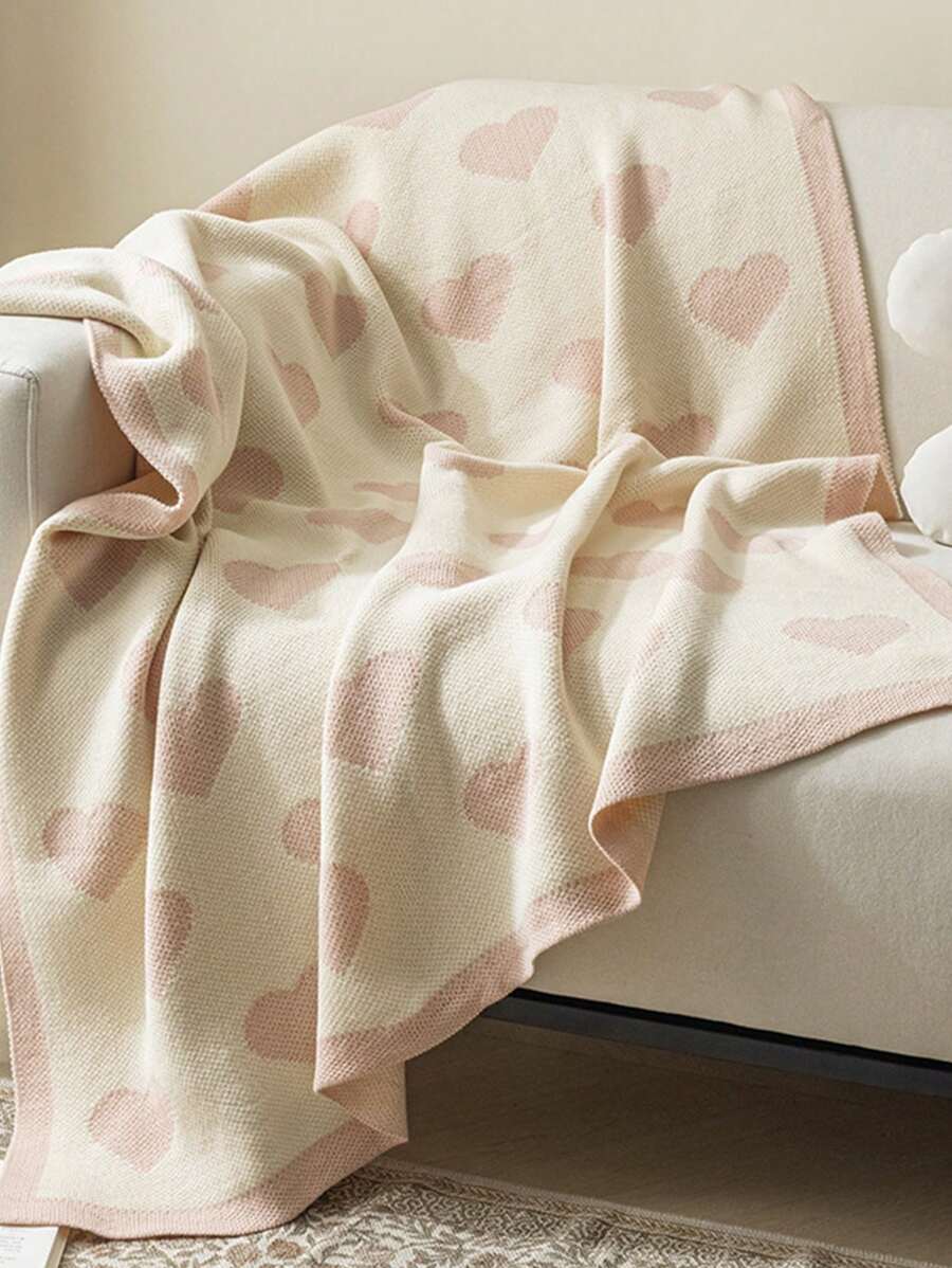 1pc Heart Pattern Knit Blanket, Nordic Style Acrylic Rectangle Soft Blanket-6