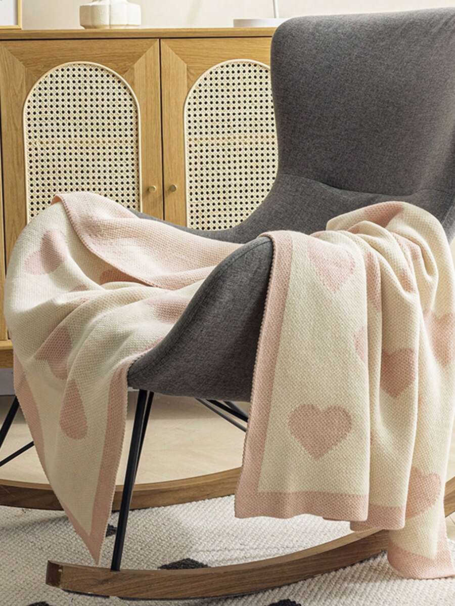 1pc Heart Pattern Knit Blanket, Nordic Style Acrylic Rectangle Soft Blanket-7