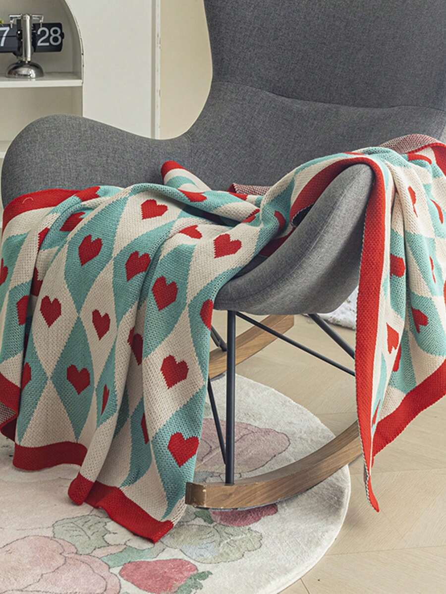 1pc Heart Pattern Knit Blanket, Nordic Style Acrylic Rectangle Soft Blanket-8