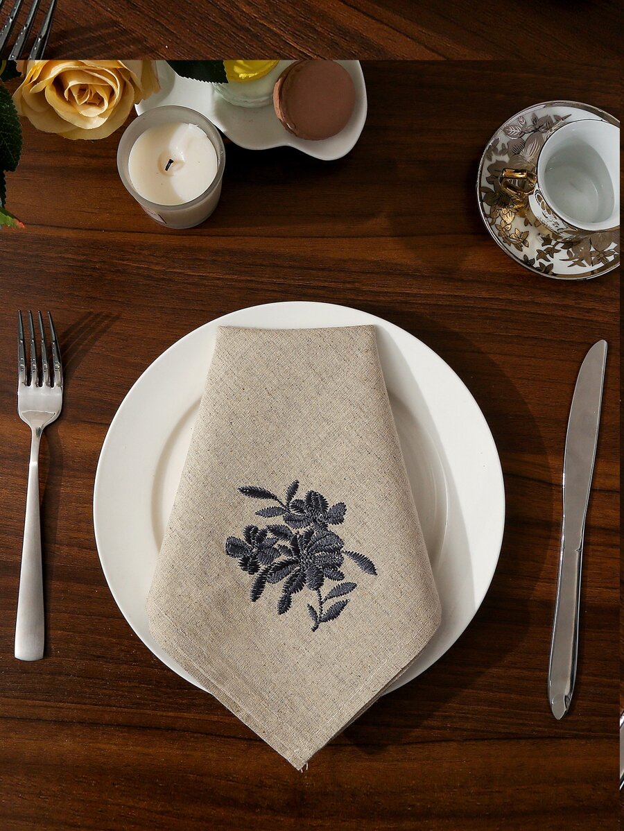 1pc Square Table Napkin With Flower Embroidery, High-3