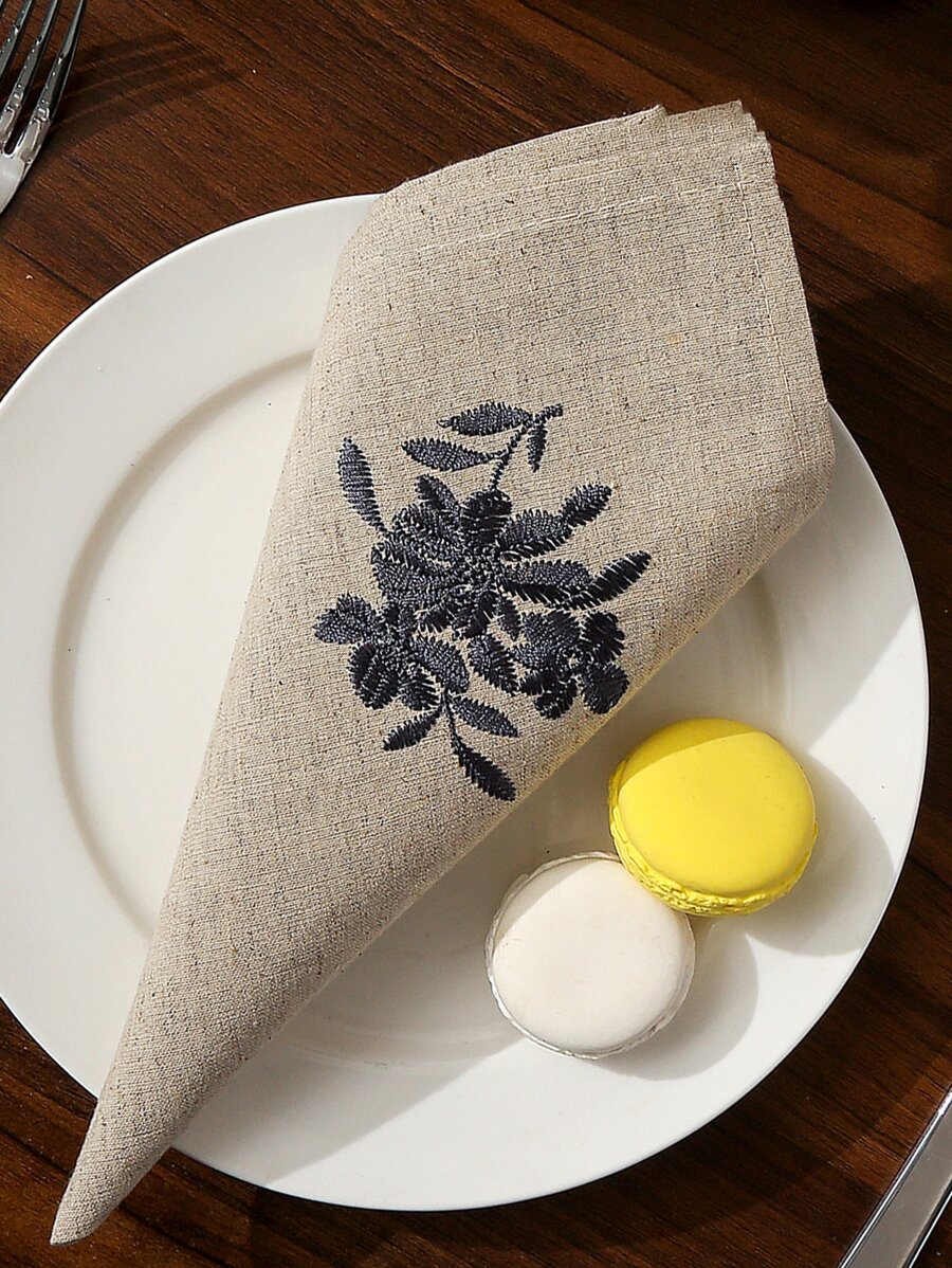 1pc Square Table Napkin With Flower Embroidery, High-4