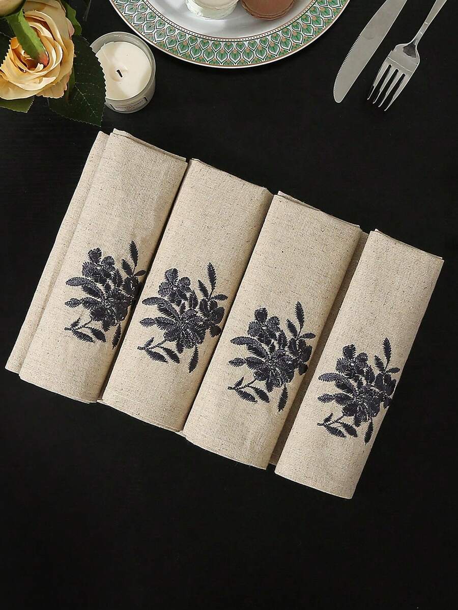 1pc Square Table Napkin With Flower Embroidery, High-5