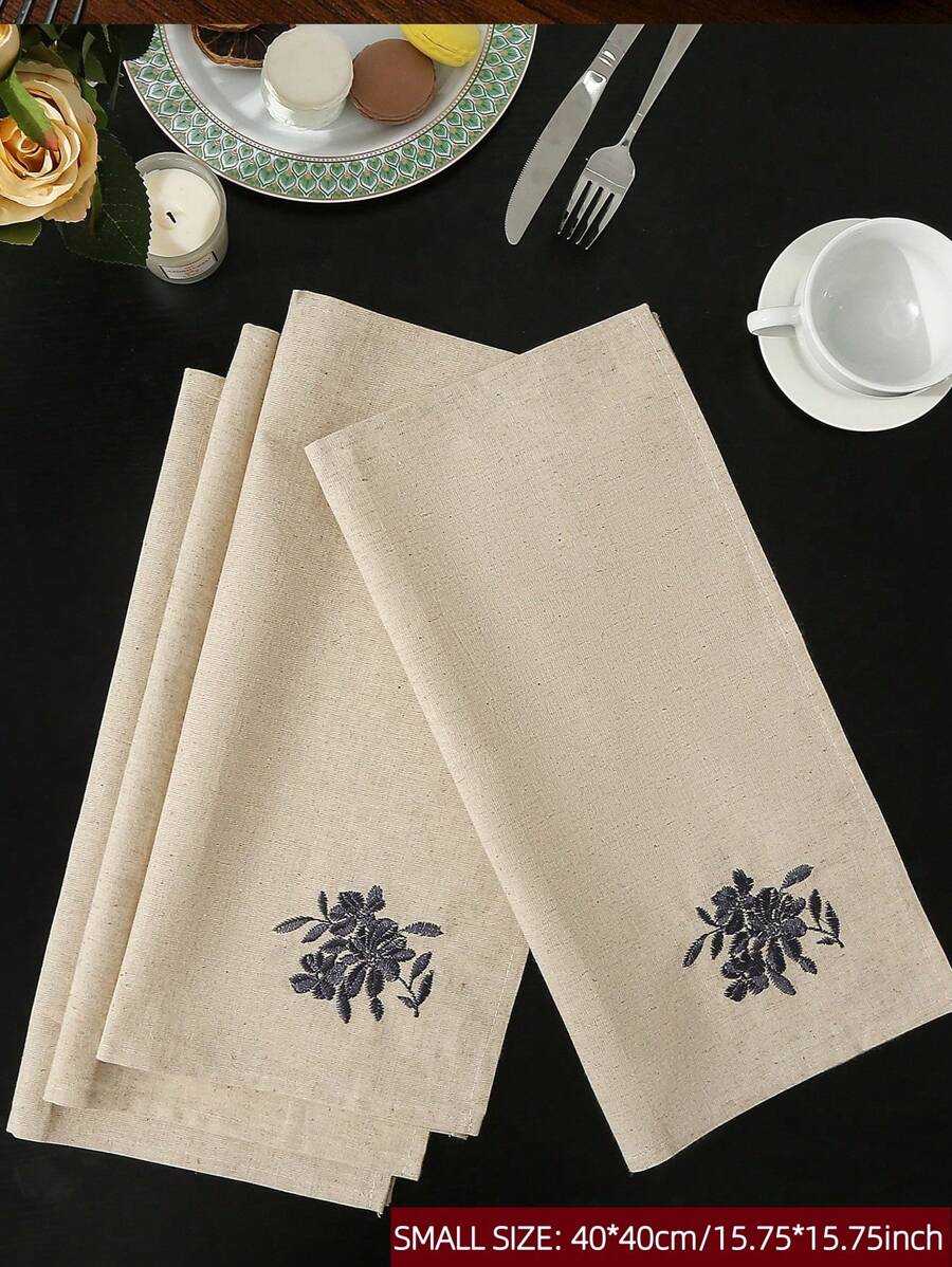 1pc Square Table Napkin With Flower Embroidery, High-6