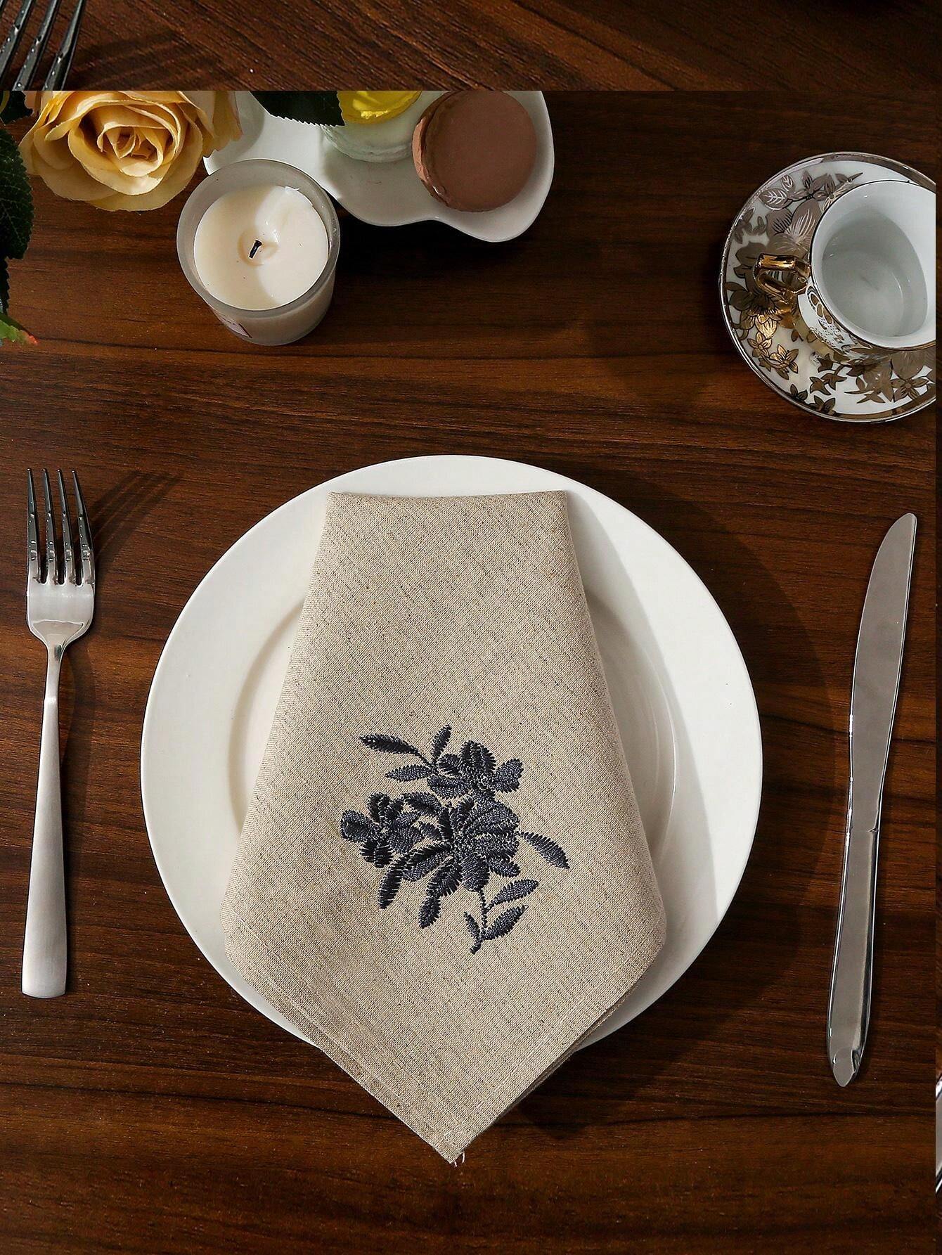 1pc Square Table Napkin With Flower Embroidery, High-7