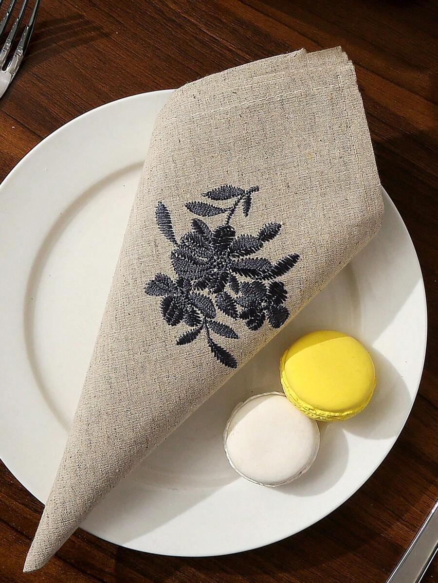 1pc Square Table Napkin With Flower Embroidery, High-8
